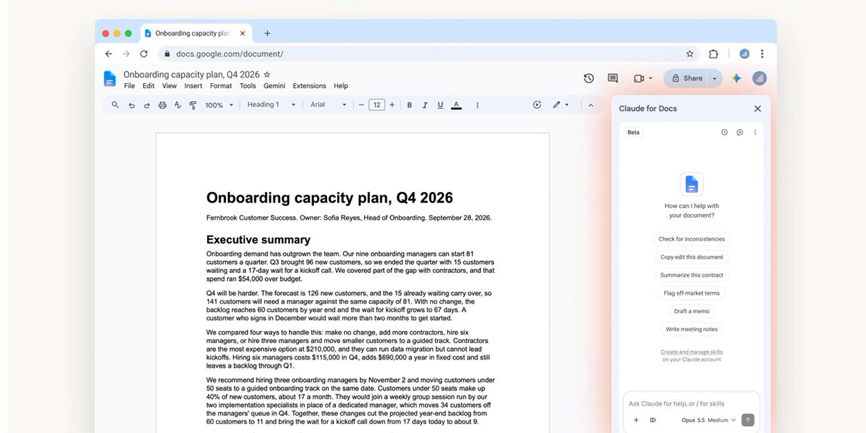 Claude se integra con Google Docs, Sheets y Slides